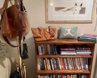 Bookcase, brass coat rack, purses and satchels, framed art, accent pillow, and books