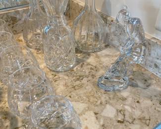 Waterford - Lismore - brandy glasses - 5 available, Waterford decanter, and 2 crystal decanters with stoppers, Baccarat golfer