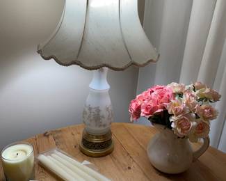 Vintage glass lamp, faux florals and candles
