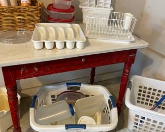 Rubermaid storage essentials and vintage enamel-topped kitchen prep table with drawer