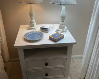 Ethan Allen nightstand with open shelf and 2 drawers - white, matched set of lamps 