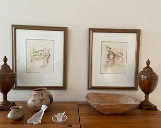 Another view of the great decor:  framed prints, wood urns, antique dough bowl, southwest pottery, and Lalique