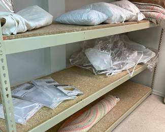 Cotton rope area rugs:  60" round, oval and runners, storage bags, wardrobe bags - new, and industrial shelf