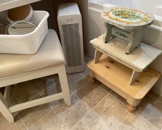 Wood foot stools, leather covered vanity bench, Sharper Image Ionic comfort heater