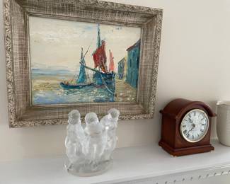 Acrylic framed, Lalique figurine (Luxembourg), and Westminster chime mantle clock
