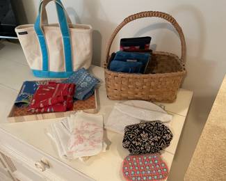 L.L. Bean canvas bag, silk scarves, handkerchiefs and coin and evening purses