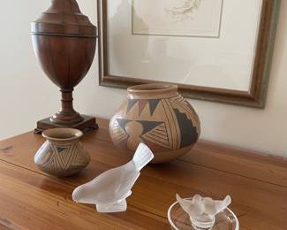 Southwest pottery, Wood Urn and Lalique