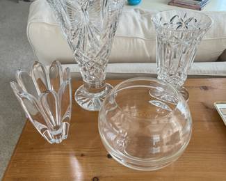 Orrefors vase, Waterford vases (2) and hand-blown round vase