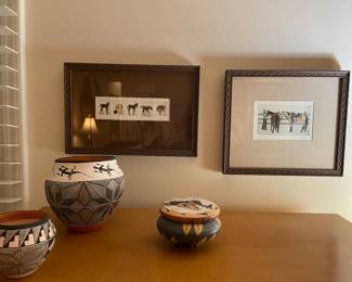 Southwest pottery and framed lithographs (signed/numbered)