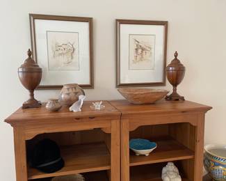 Matched set of wood open shelving units, pair of lithographs (signed/numbered) in great frames, wood urns, southwest pottery, antique dough bowl, and Lalique