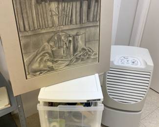 Dehumidifier, storage bin and pencil sketch