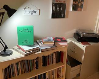 Ivory bookcase, books, Beetles framed LP/covers, Music Legend books:  Paul McCartney, Beetles, Bob Dylan, Paul Simon and more...