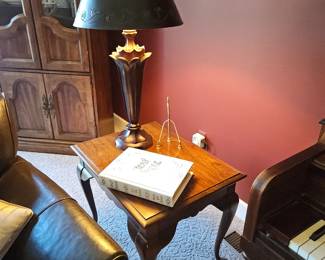 $45  Cherry side table, $40 black lamp
