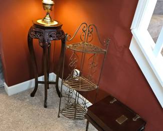 $30 Corner metal stand, $16 Book table.  SOLD- Tall Asian stand w/marble, 