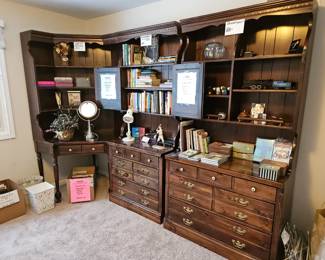 $60 Bookshelf w/louvered doors,  $ 80 Larger bookshelf, $30 Corner desk w/ bookcase.  $150 for all three pieces