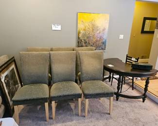 $30 ea (6 ea) Sage green dining chairs, finish is sage green with a aqua sheen in the background, picture does not do them justice