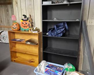 $20 blonde Pine bookshelf, $16 black bookshelf