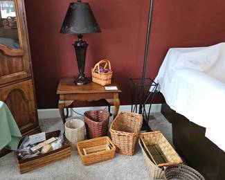 $45  Cherry side table, $40 black lamp, $16 Longaberger basket, $2-8 baskets. SOLD-Umbrella/coat stand