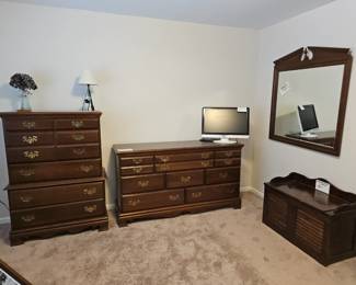 $125 Cherry long dresser w/mirror,  $100 Tall cherry dresser,  $30 Louvered chest