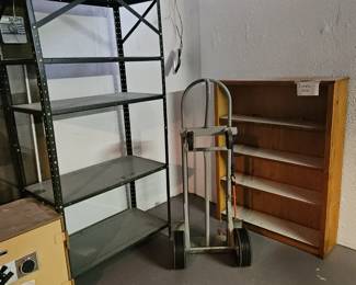 $8 metal shelf, $30 pine book shelf.  Sold - hand cart