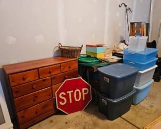 $50 9 drawer pine dresser, $15 stop sign,  $4ea bins, $6 shepard hook