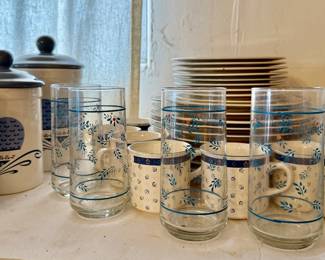 Vintage glassware, cannister set, corelle and corning ware dishes