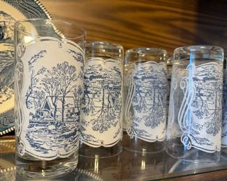 Currier & Ives Glasses Blue on Frosted White