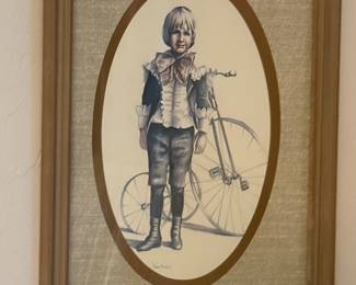 Vintage Set - Little Girl/cat & Boy/Bike Signed Framed Prints by Joanne Thompson
