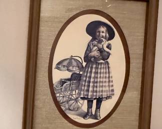Vintage Set - Little Girl/cat & Boy/Bike Signed Framed Prints by Joanne Thompson
