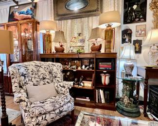 Custom Upholstered Wingback Chair,  Copper Fire Extinguisher Lamp, Reverse Painted Chinese Art