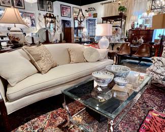 Hickory Chair Company Sofa, Chrome and Glass Coffee Table, Collection of Coffee Table Books