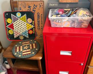 VINTAGE GAME BOARDS, FILING CABINET AND MORE