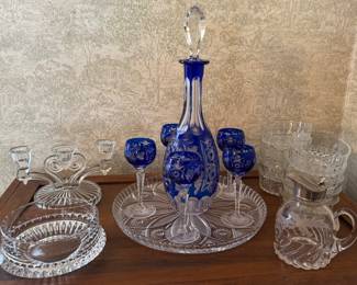 VINTAGE COBALT BLUE BOHEMIAN CRYSTAL WINE DECANTER SET AND MORE VINTAGE GLASSWARE