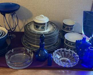 MIKASA INTAGLIO CHINA AND COBALT BLUE GLASSWARE