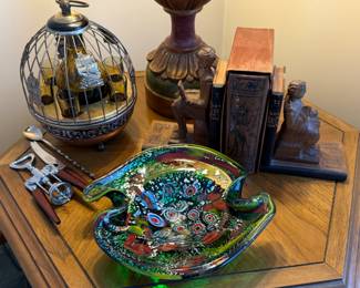 VINTAGE SHIP/WINE SERVER, DON QUIJOTE BOOKENDS AND BOOK, VINTAGE GLASSWARE AND LAMPS