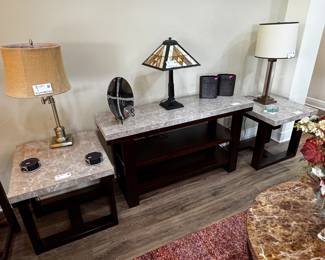 "marble" top end tables and sofa table