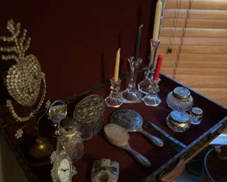 Vintage dressing table accessories, Silver Plated powder jars, mirror, brush, comb and perfume bottles
