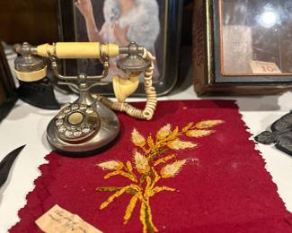 Handmade Scarf from 1886, vintage Phone, and Coca-Cola Tin Tray 