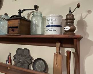 Wesson Oil Container, Vintage Coffee Grinder, Vintage Teal Ball Jars