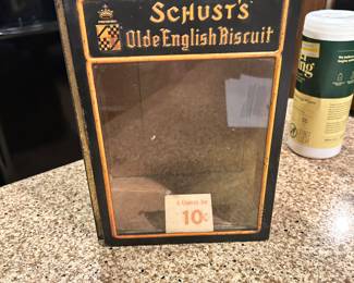 Antique Schusts Olde English Biscuit Advertainment tin with cardboard box 