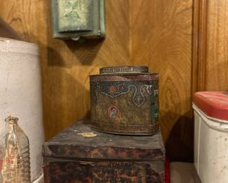 Vintage Tetley Tea Tin Caddy, and antique glass baby bottle
