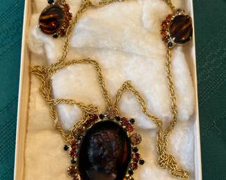 Vintage Julliana Cameo Necklace/Brooch and Earrings set