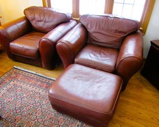 Leather lounge chairs & ottoman