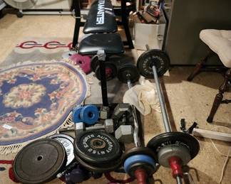 weights, barbells, bench, priced as one, another group of weights only, sold separately