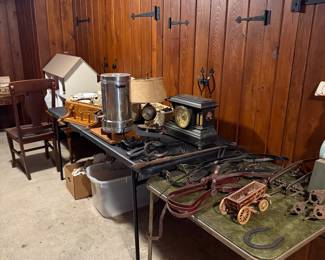 Various vintage items, antique clock and clock lamp, solid wood shelves, china set. 