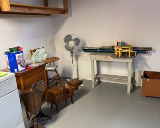 sewing machine in cabinet, wooden highchair, sewing cabinets