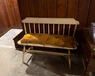 vintage farmhouse style bench with chenille cushion. 