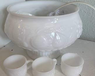 Milk glass punch bowl set
