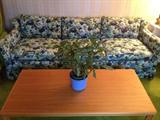 Floral couch and handmade oak coffee table