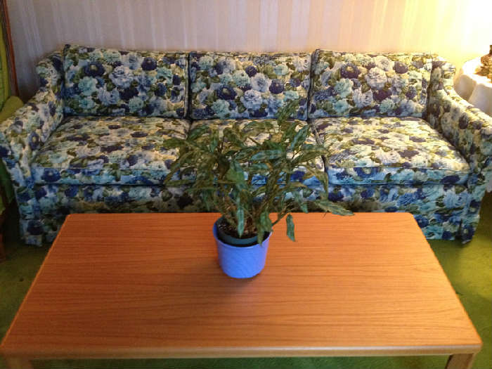 Floral couch and handmade oak coffee table